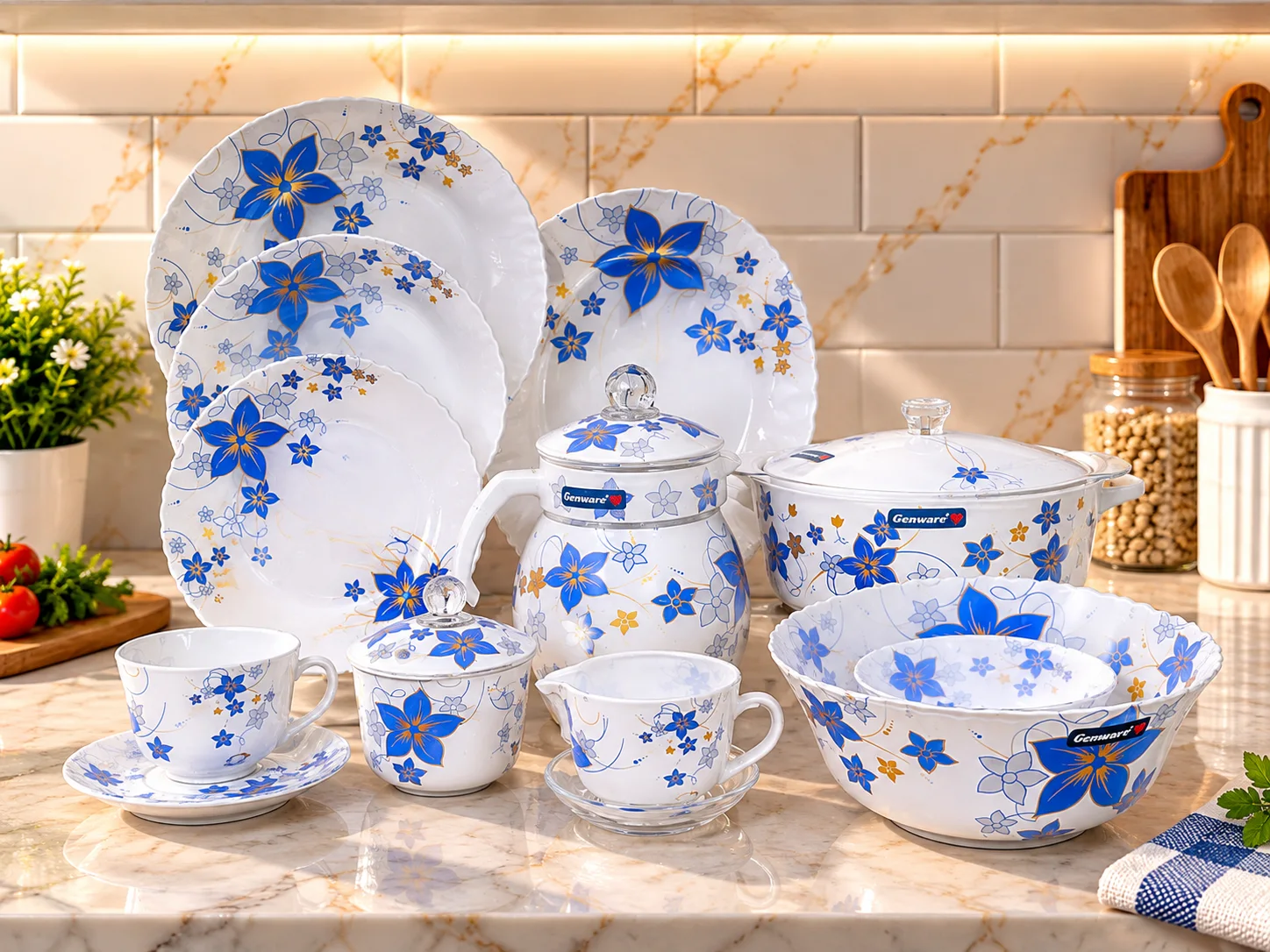 Printed Glass Dinner Set (Blue Flower) 62pcs photo 1
