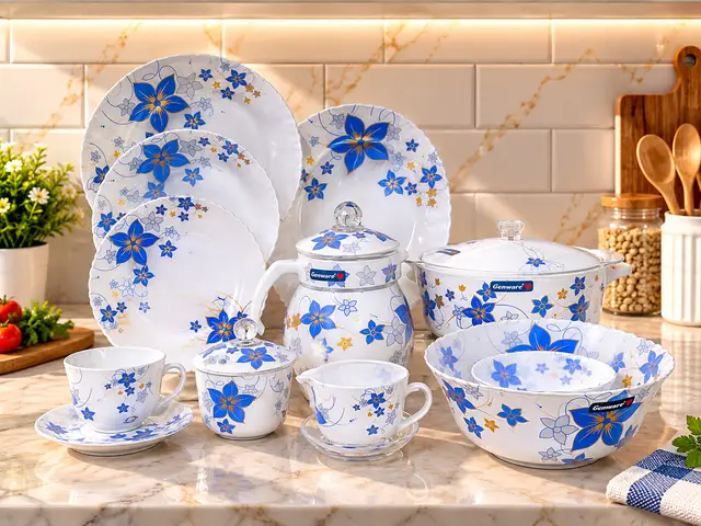 Printed Glass Dinner Set (Blue Flower) 62pcs product photo