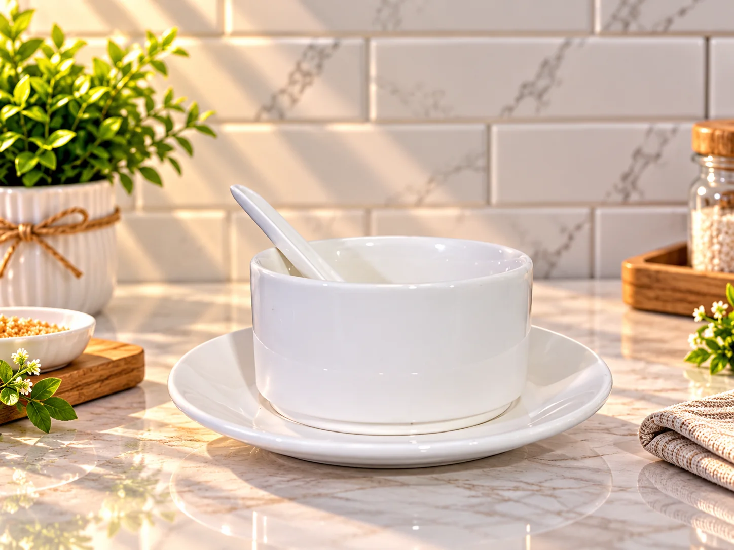 Porcelain Soap Bowl & Saucer with Spoon photo 1