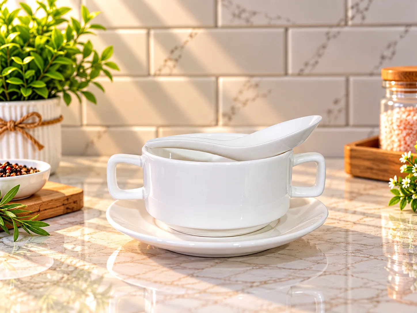 Porcelain Double Handle Soap Bowl & Saucer with Spoon photo 2