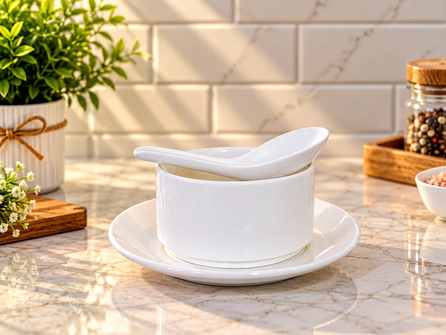 Porcelain Soap Bowl & Saucer with Spoon photo 2
