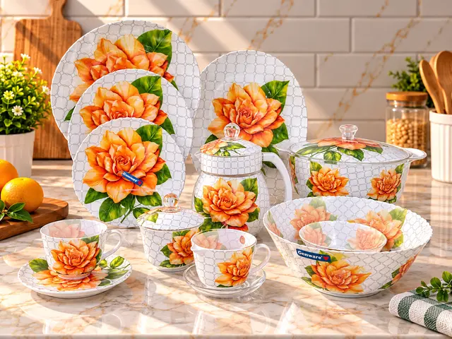 Printed Glass Dinner Set (Orange Flower) 62pcs product photo