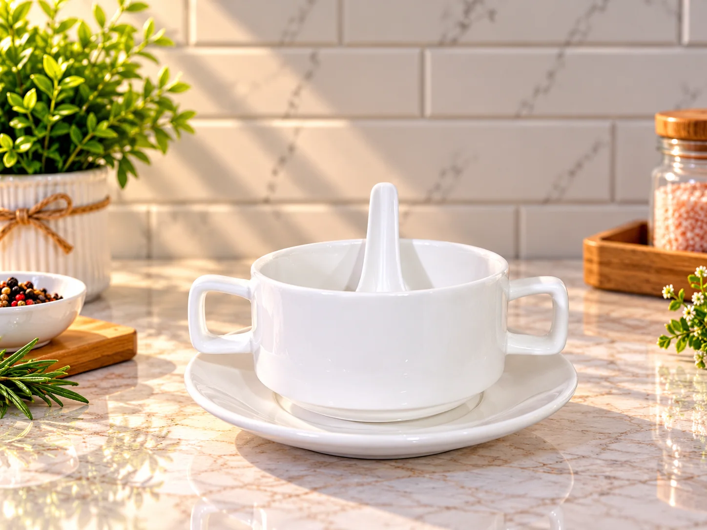 Porcelain Double Handle Soap Bowl & Saucer with Spoon photo 1
