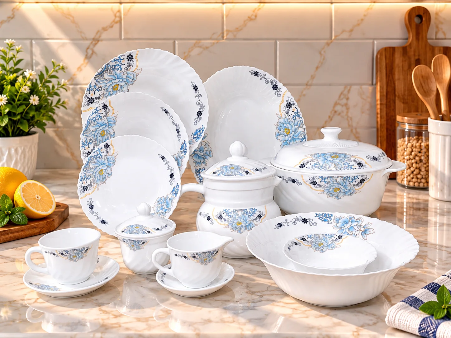 Dinner Set Marble 72-pcs(Opal Glass) (Blue) photo 1
